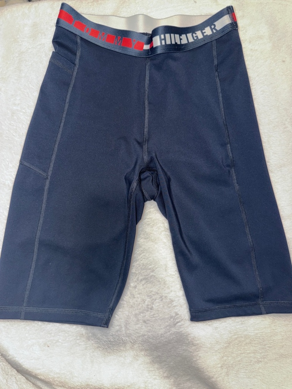 Tommy Hilfiger Men’s Navy Athletic Compression Shorts with Red Accent Waistband